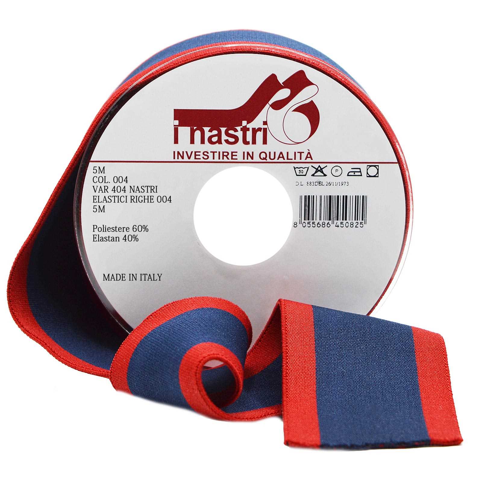 Elastico rigato bicolore in poliestere e elastomero mm 50 - 004 Rosso Blu 5  mt - I Nastri Shop